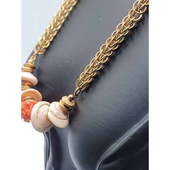 Miriam Haskell Puka Shell Raw Coral Necklace Vintage 15" Gold Tone Wheat Chain - Picture 12 of 16